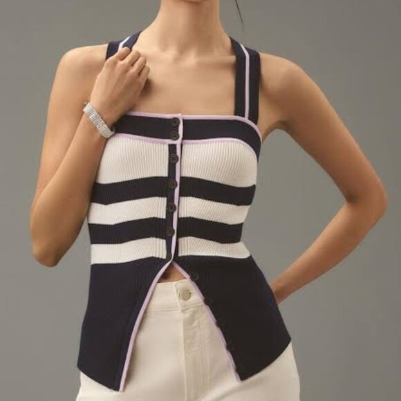 ANTHROPOLOGIE‎ Maeve Button-Front Cross-Back Navy Sweater Tank Top Size M NWT - Picture 2 of 3